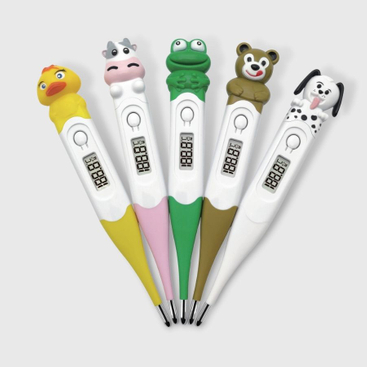 ເຄື່ອງວັດອຸນຫະພູມດິຈິຕອນ CE MDR ສີຕ່າງໆ Waterproof Baby Flexible Tip Thermometer with Removable Cap Cartoon Series