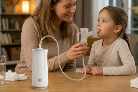 Caregiver nga nagtabang sa bata sa paggamit sa Joytech NB-1007 home nebulizer.jpg